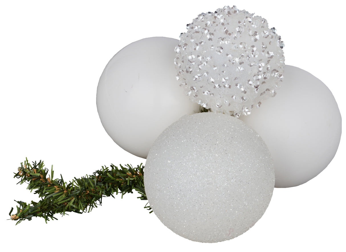 White sequin ball cluster decoration. Bauble colors are white tinsel, white glitter and matte white.