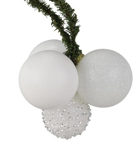 White sequin ball cluster decoration. Bauble colors are white tinsel, white glitter and matte white.