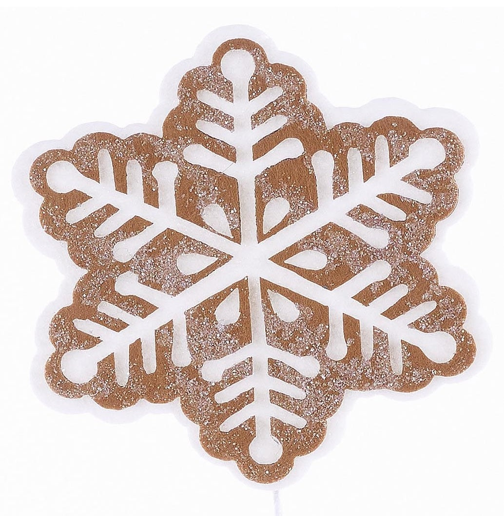 Pick spray with three gingerbread snowflakes on the stems. Covered in glitter to appear covered in sugar.