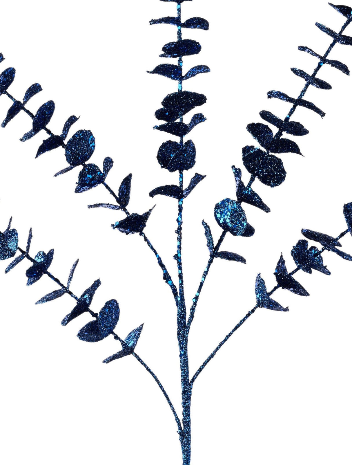 Decorative pick spray designed to look like five branches with small navy blue leaves on it.