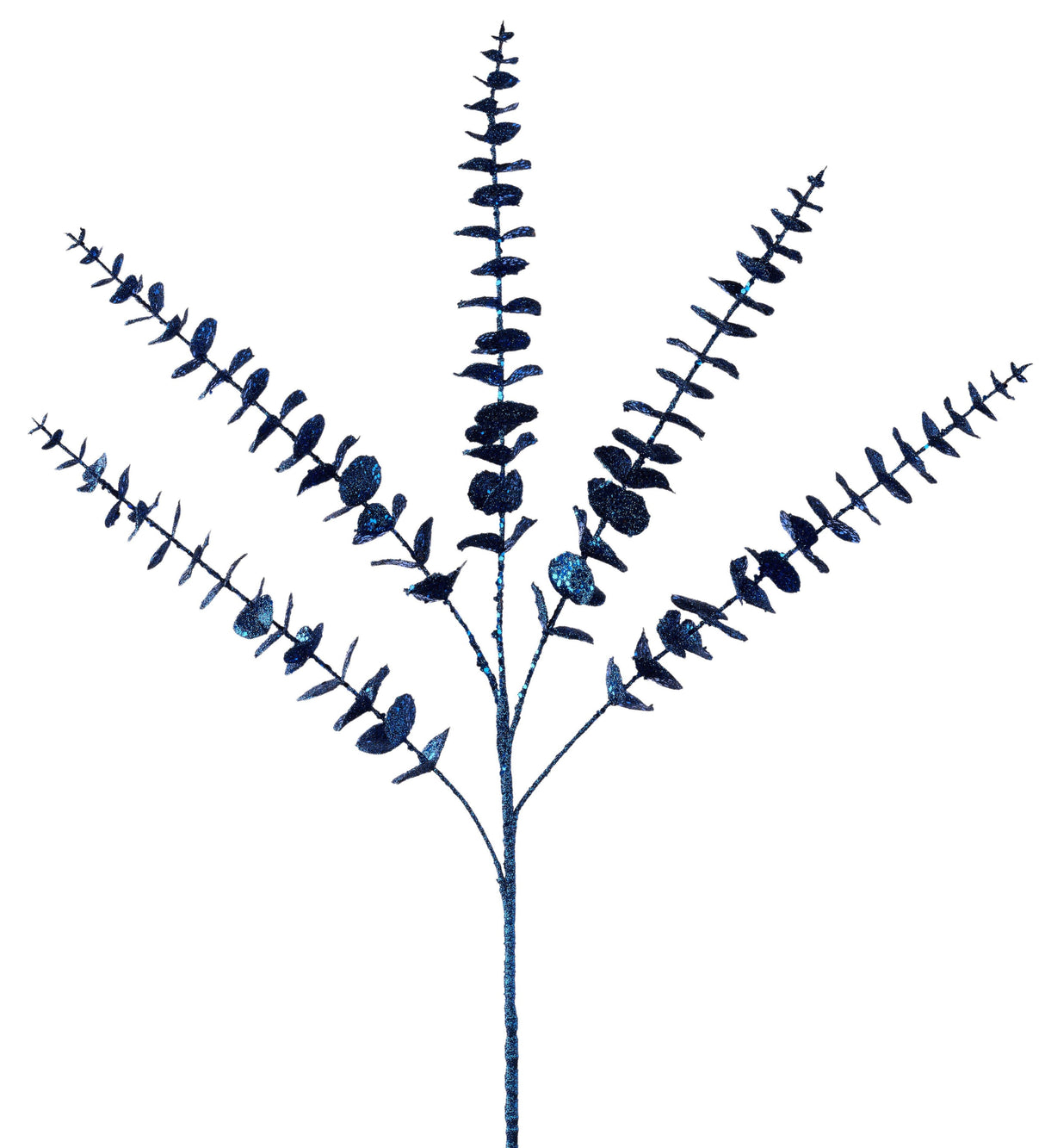 Decorative pick spray designed to look like five branches with small navy blue leaves on it.