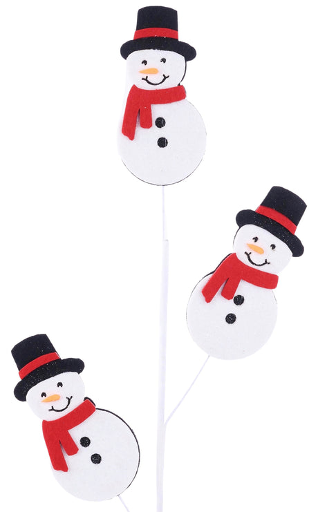 Decorative pick spray with three smiling snowmen wearing black top hats and red scarves.