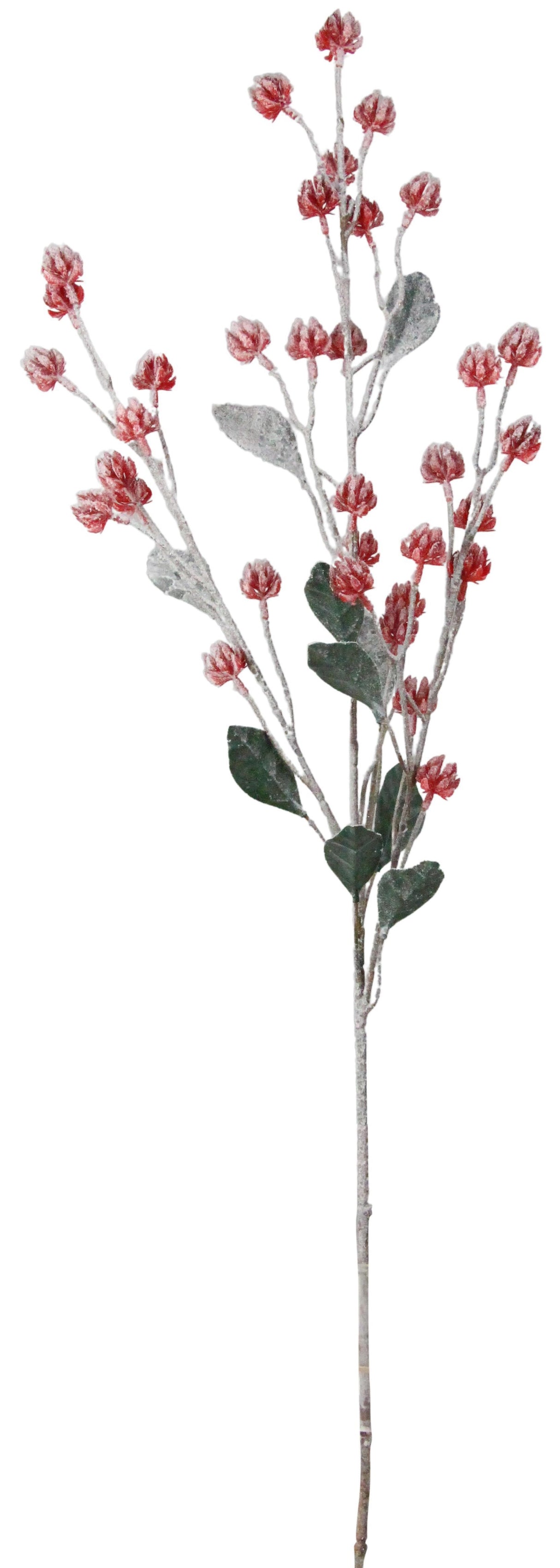 Pick spray designed to look like green stems with red flower buds. Decorated to appear covered in snow.