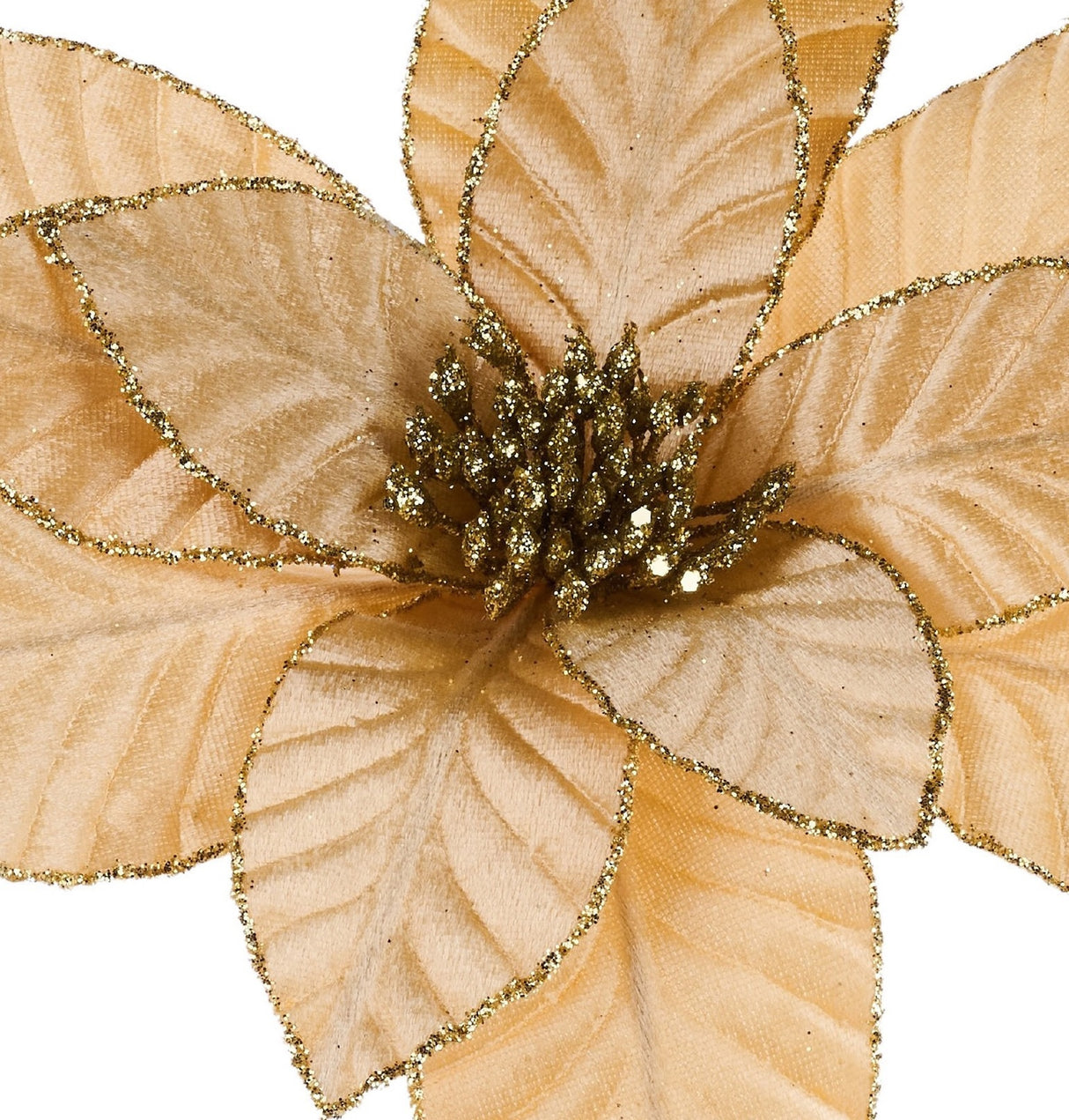 Gold artificial poinsettia for decorating. The borders of the petals and the center is covered in gold glitter.