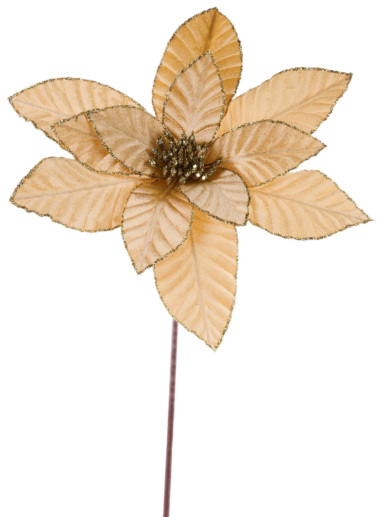 Gold artificial poinsettia for decorating. The borders of the petals and the center is covered in gold glitter.