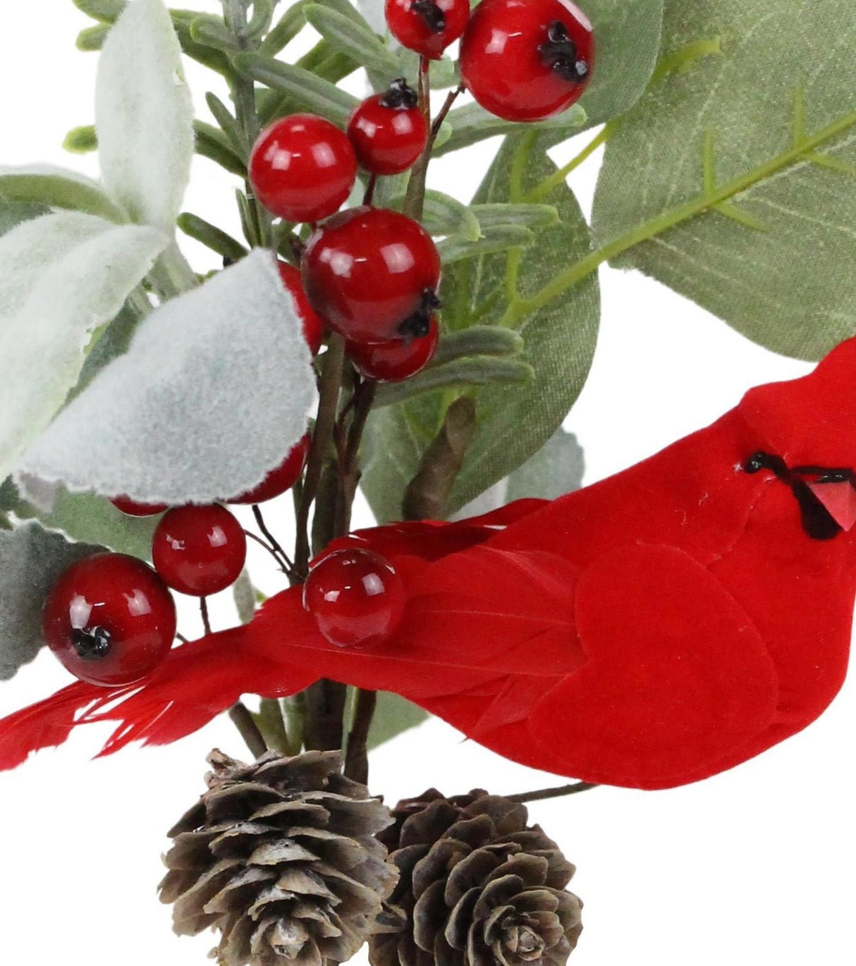 Pick spray decorated with flocked silk lamb's ear leaves, a plastic rosemary plant, plastic berries and pine cones.