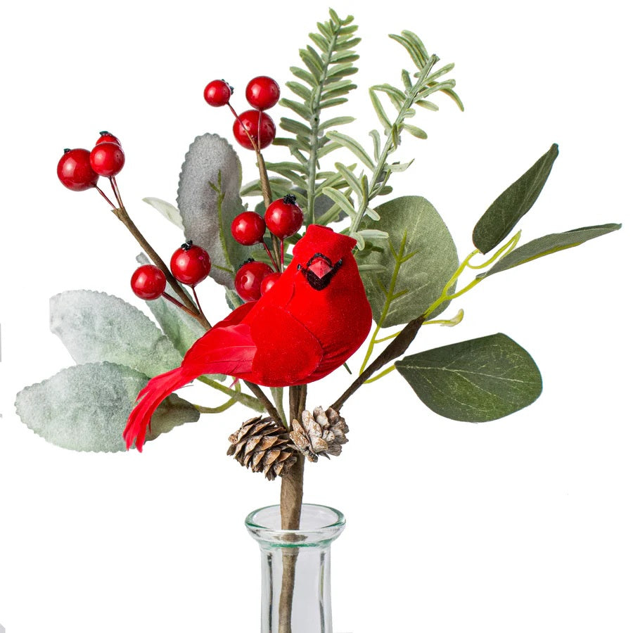 Pick spray decorated with flocked silk lamb's ear leaves, a plastic rosemary plant, plastic berries and pine cones.