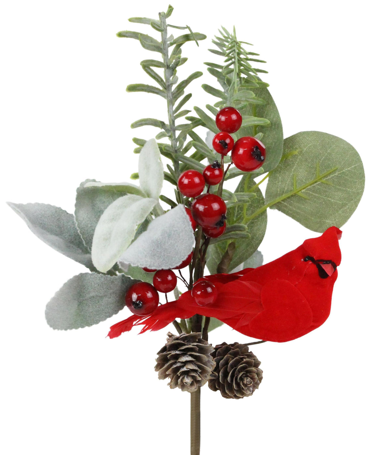 Pick spray decorated with flocked silk lamb's ear leaves, a plastic rosemary plant, plastic berries and pine cones.