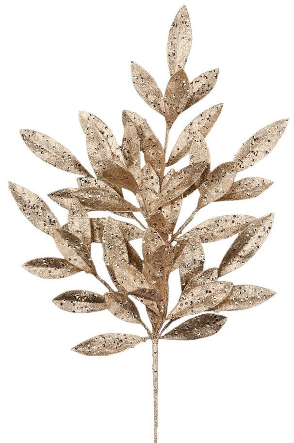 This image shows a decorative pick spray designed to look like a champagne colored stem with champagne colored leaves on it.