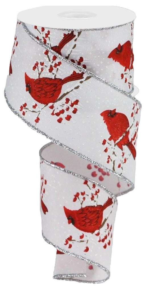 10 Yards of Cardinal, Branches & Berries on White Ribbon