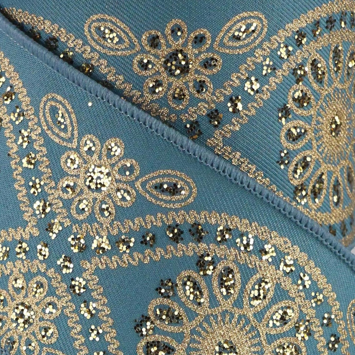 10 Yards of Smoke Blue & Gold Deluxe Wavy Floral Ribbon