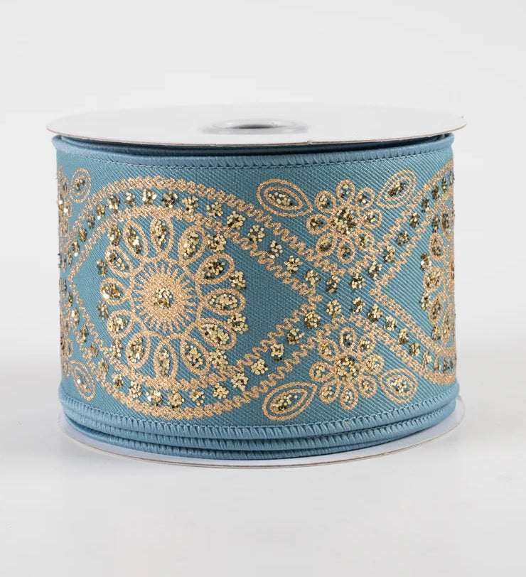 10 Yards of Smoke Blue & Gold Deluxe Wavy Floral Ribbon