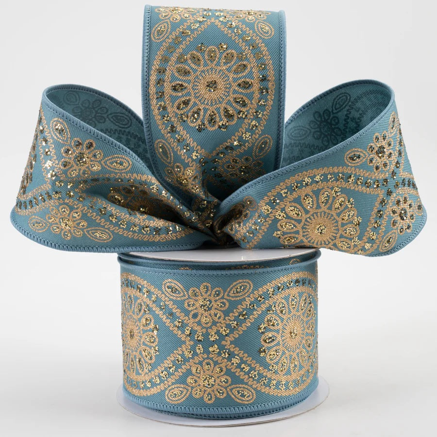 10 Yards of Smoke Blue & Gold Deluxe Wavy Floral Ribbon