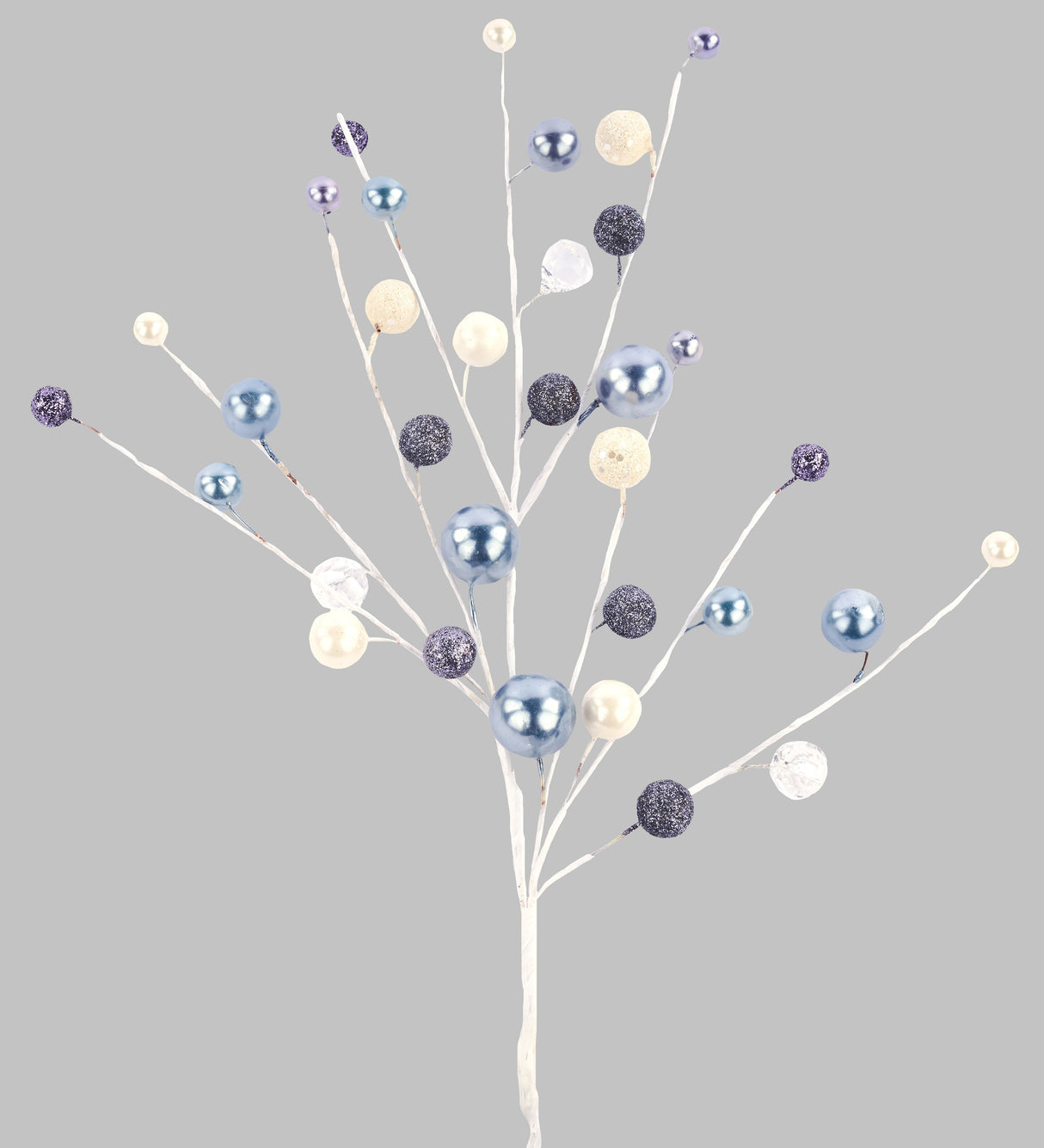 Decorative pick spray with white branches and pearl white, pewter and icy blue colored balls on them.