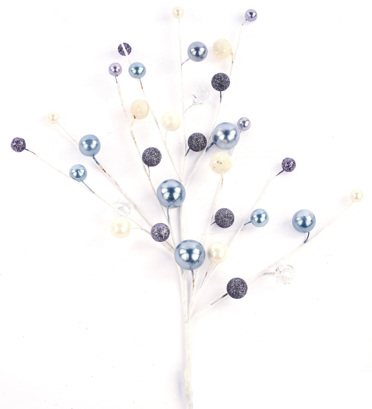 Decorative pick spray with white branches and pearl white, pewter and icy blue colored balls on them.