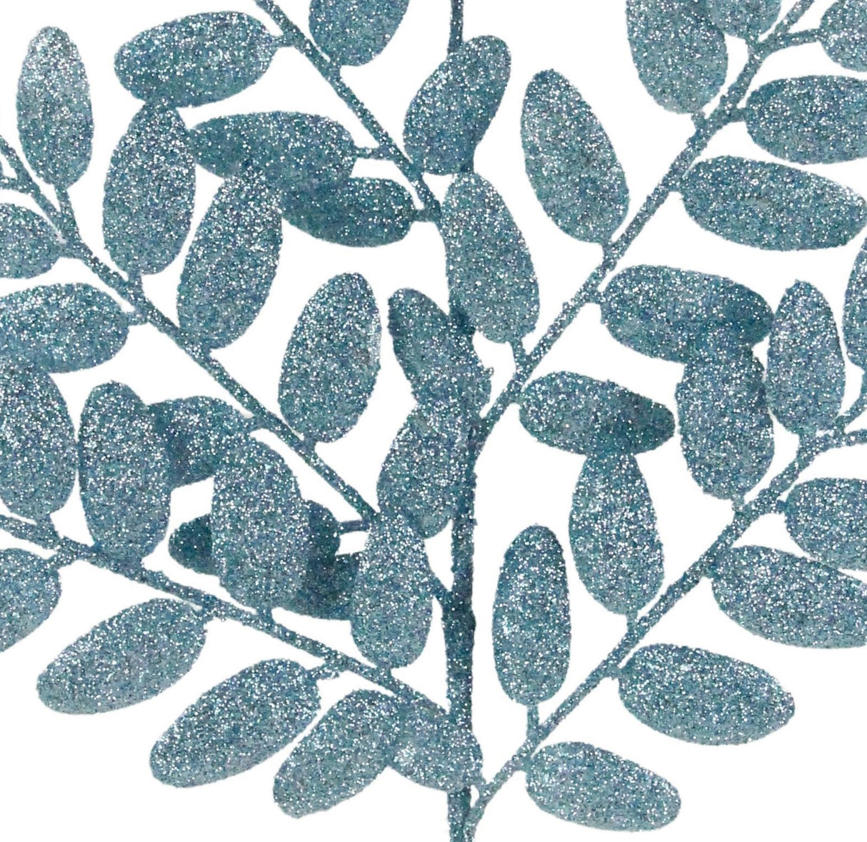 Icy blue glittered pick spray designed to look like a branch with small leaves. Put it in a vase, in your Christmas tree or in a wreath.