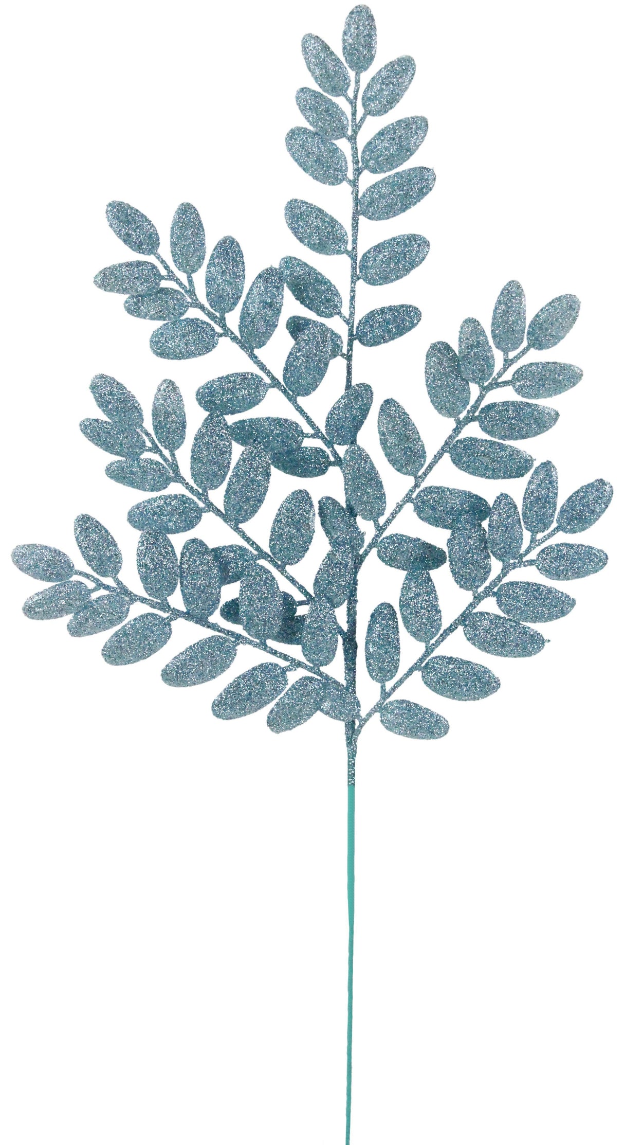 Icy blue glittered pick spray designed to look like a branch with small leaves. Put it in a vase, in your Christmas tree or in a wreath.