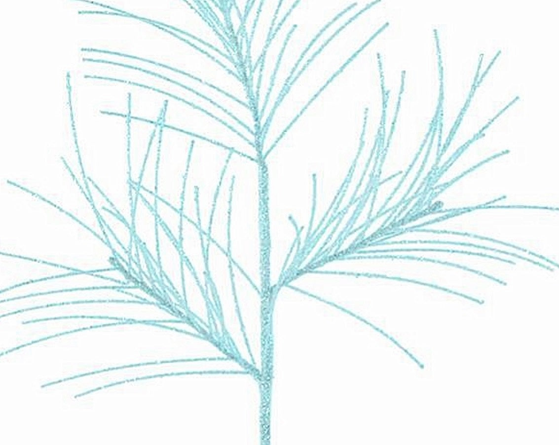 Pick spray designed to look like pine needles on a skinny branch. Decorated with icy blue glitter.