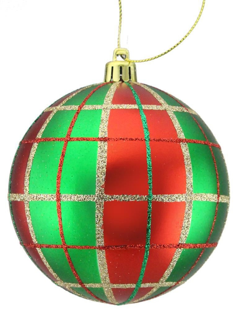 Round ornament with a gold, emerald and red plaid design painted on it.