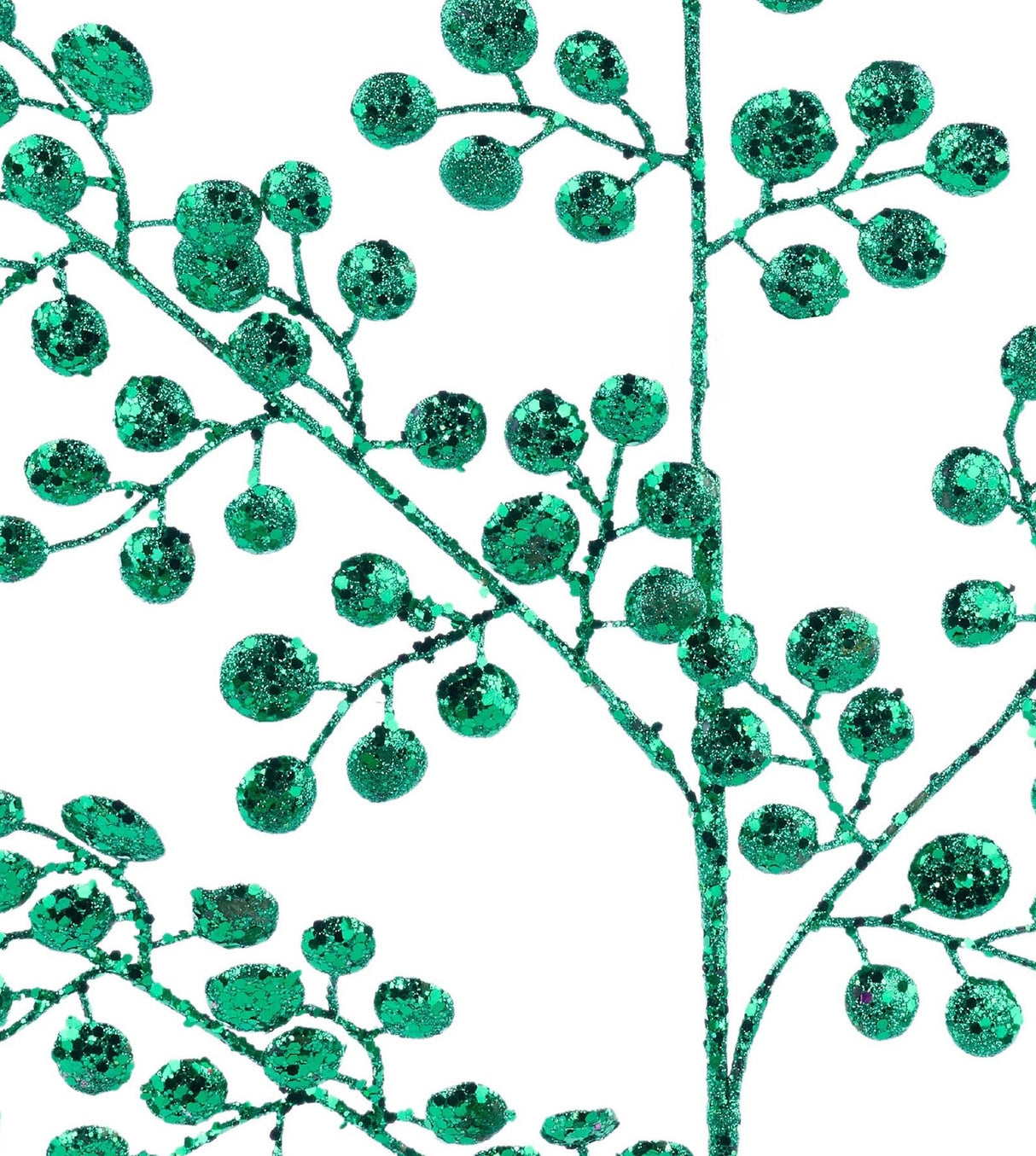 Pick spray designed to look like stems with rounded leaves. Covered in emerald green glitter.