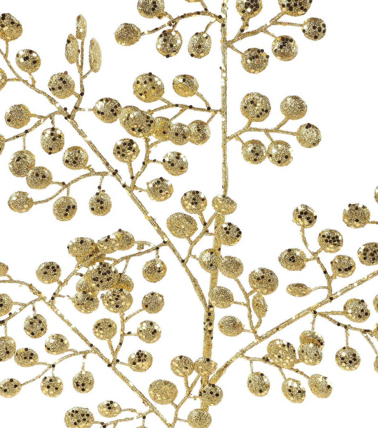 Pick spray designed to look like stems with rounded leaves. Covered in gold glitter.