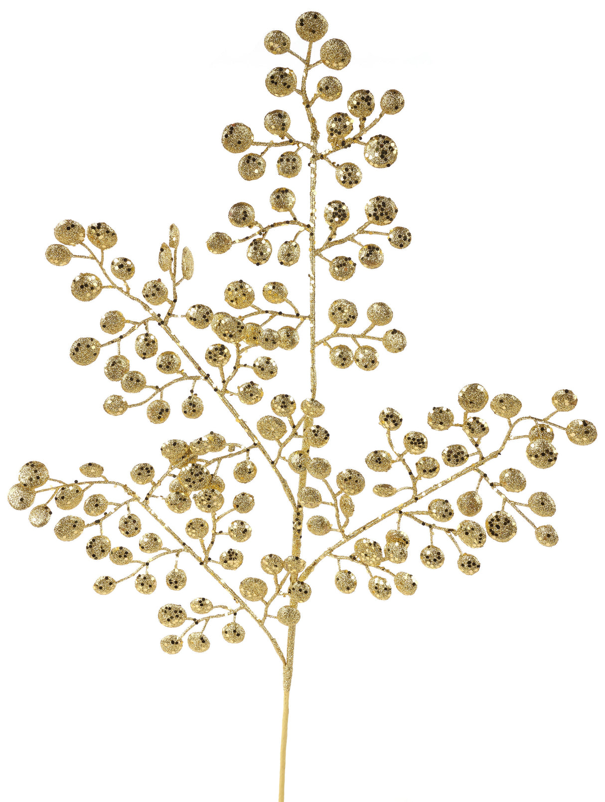 Pick spray designed to look like stems with rounded leaves. Covered in gold glitter.