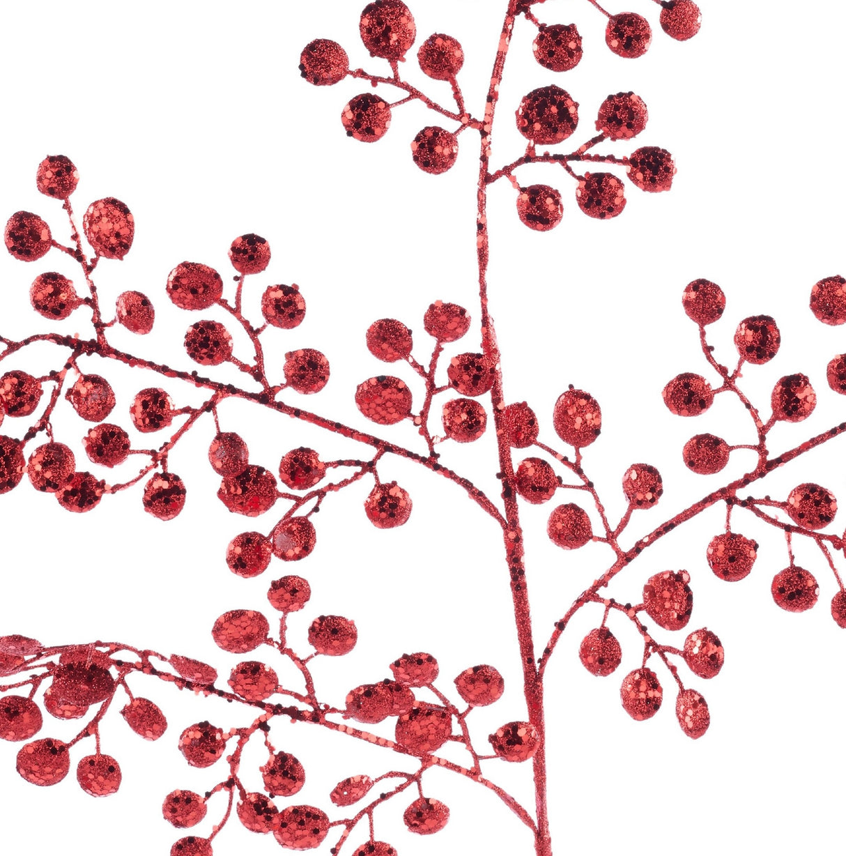 Pick spray designed to look like stems with rounded leaves. Covered in red glitter.