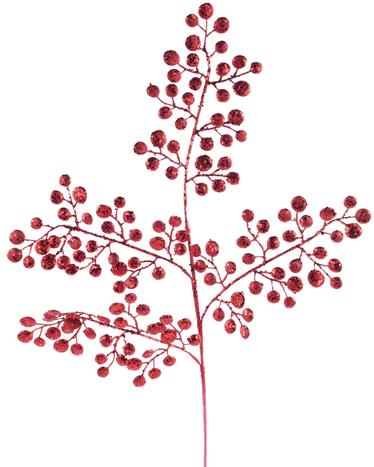 Pick spray designed to look like stems with rounded leaves. Covered in red glitter.