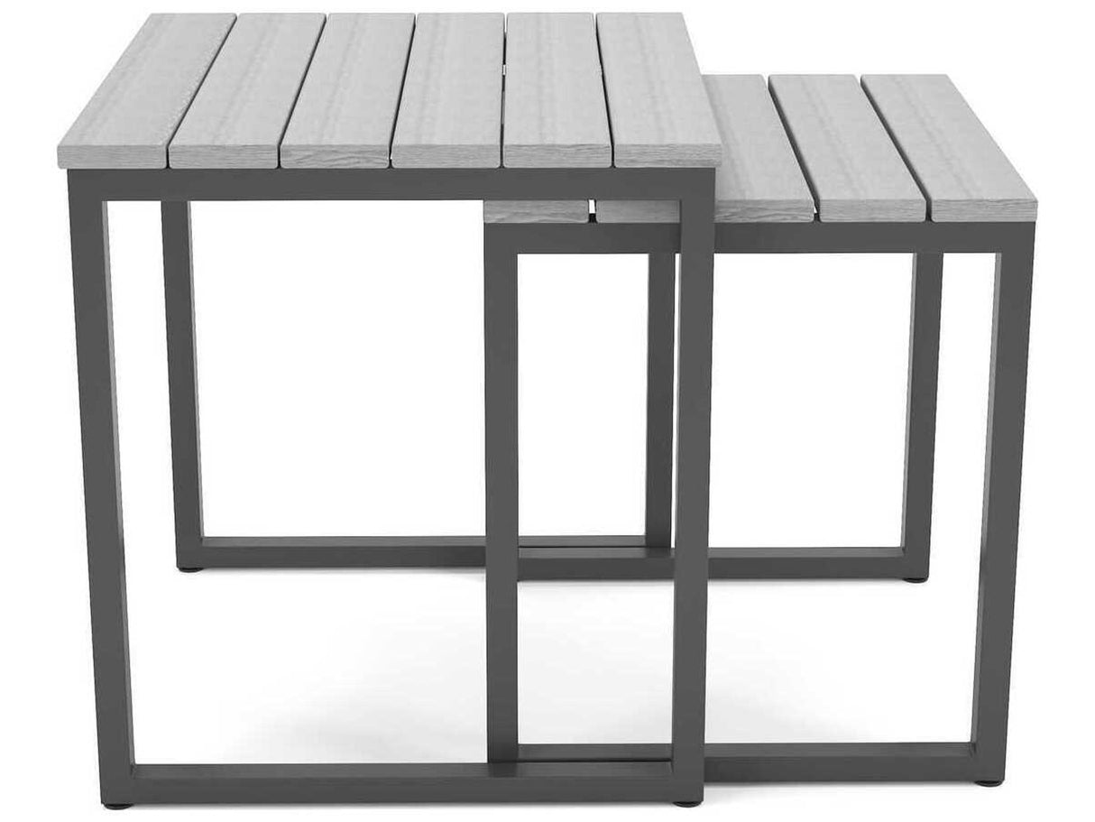 This image shows the nesting end tables on a white background. The tabletop is a light gray color and the table legs are a dark gray color.