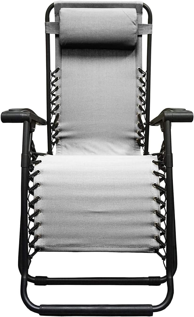 Folding recliner chair with a headrest. There are different color options. This image shows a black frame chair with grey sling fabric. This is the view from the front.