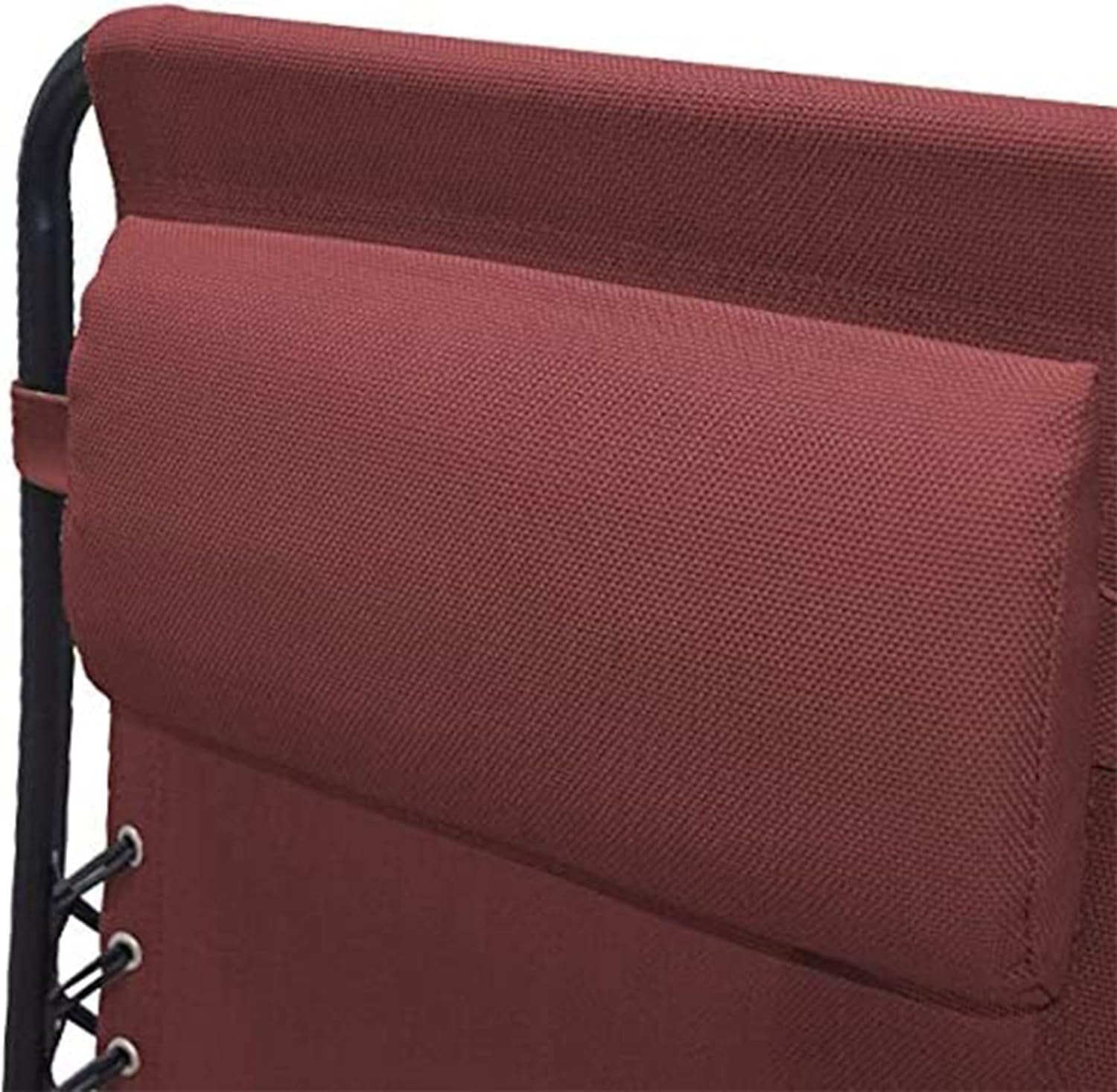 This is an up close view of the chair's headrest, as well as the burgundy fabric color.