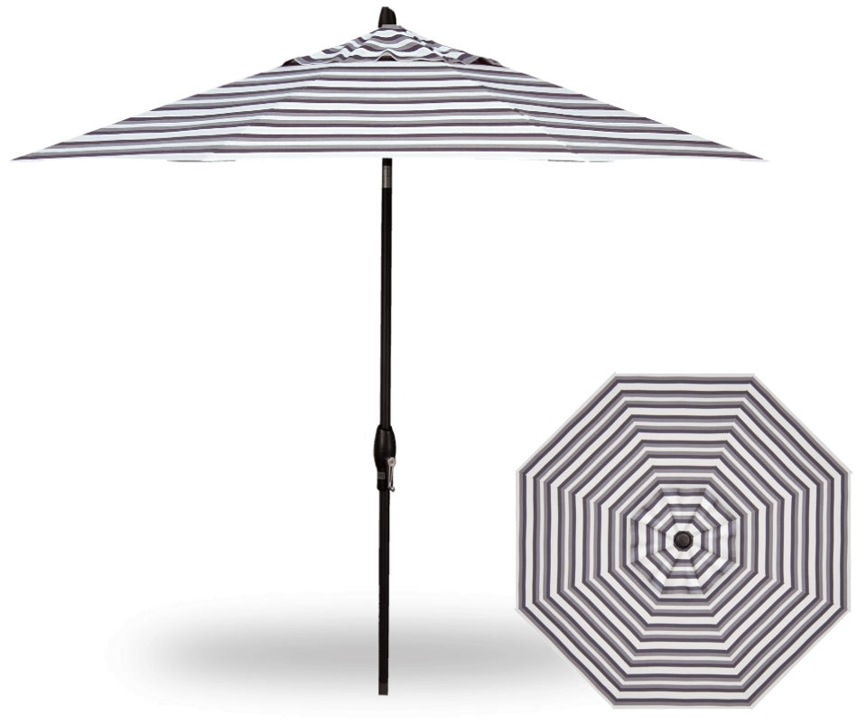 Round market umbrella with a black frame and a charcoal, white and light gray striped fabric.