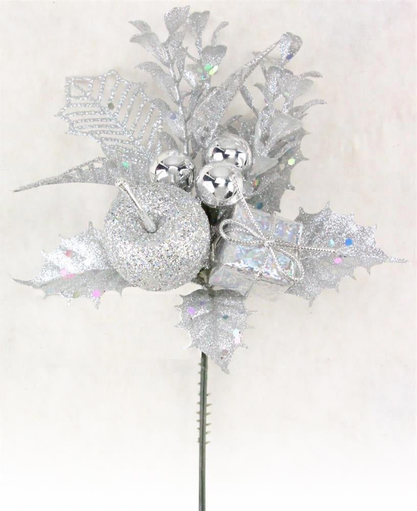 7" Silver Apple, Present, Bauble Pick Spray