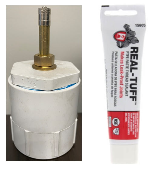 Swimming pool plumbing component and Real-Tuff thread sealant tube on a white background