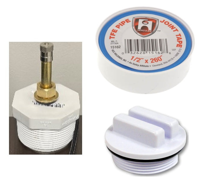 This image shows what comes in this winterizing kit. It comes with a plug with an air valve on it, a winterizing plug and a roll of Teflon tape.