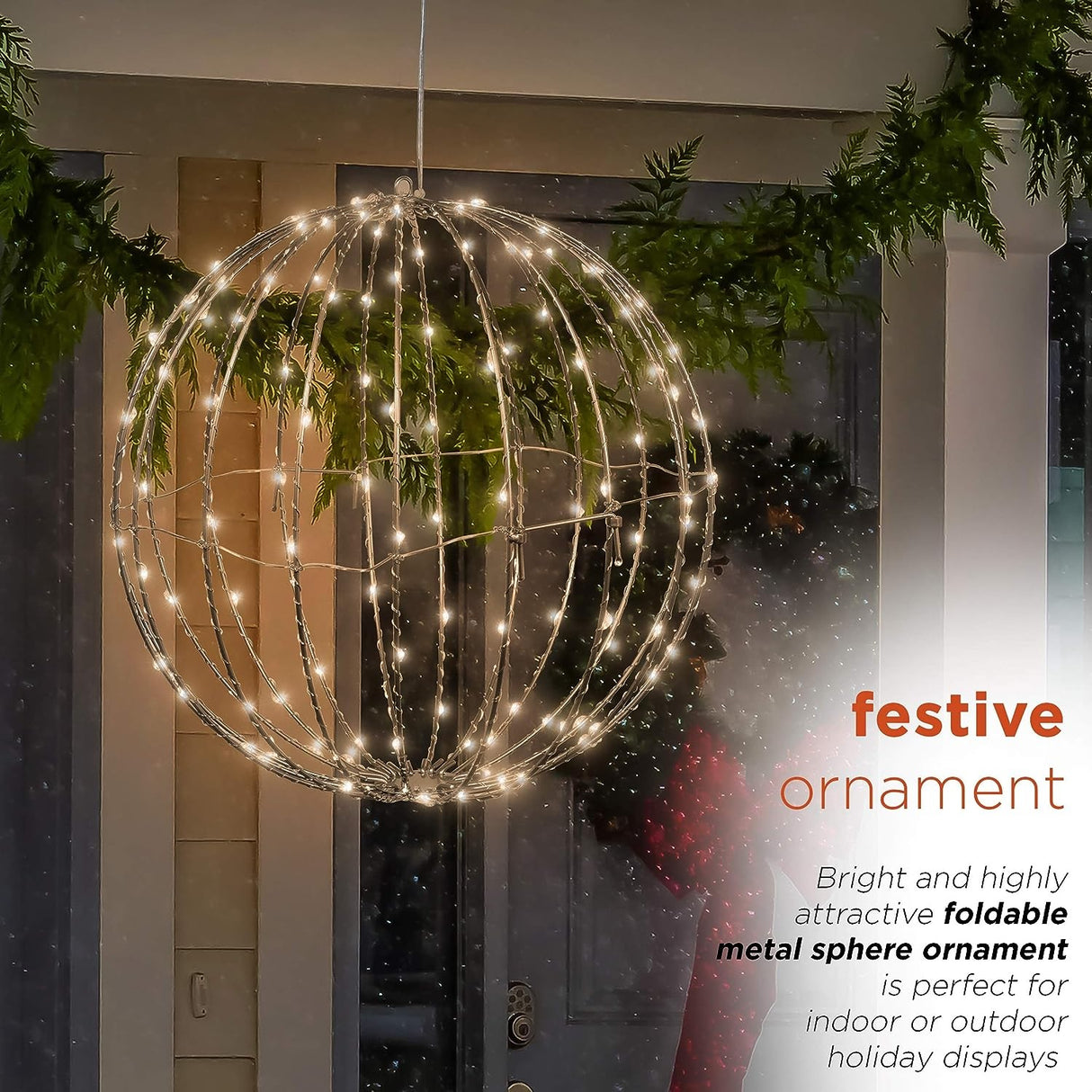 8" Foldable Metal Warm White LED Sphere Hanging Ornament