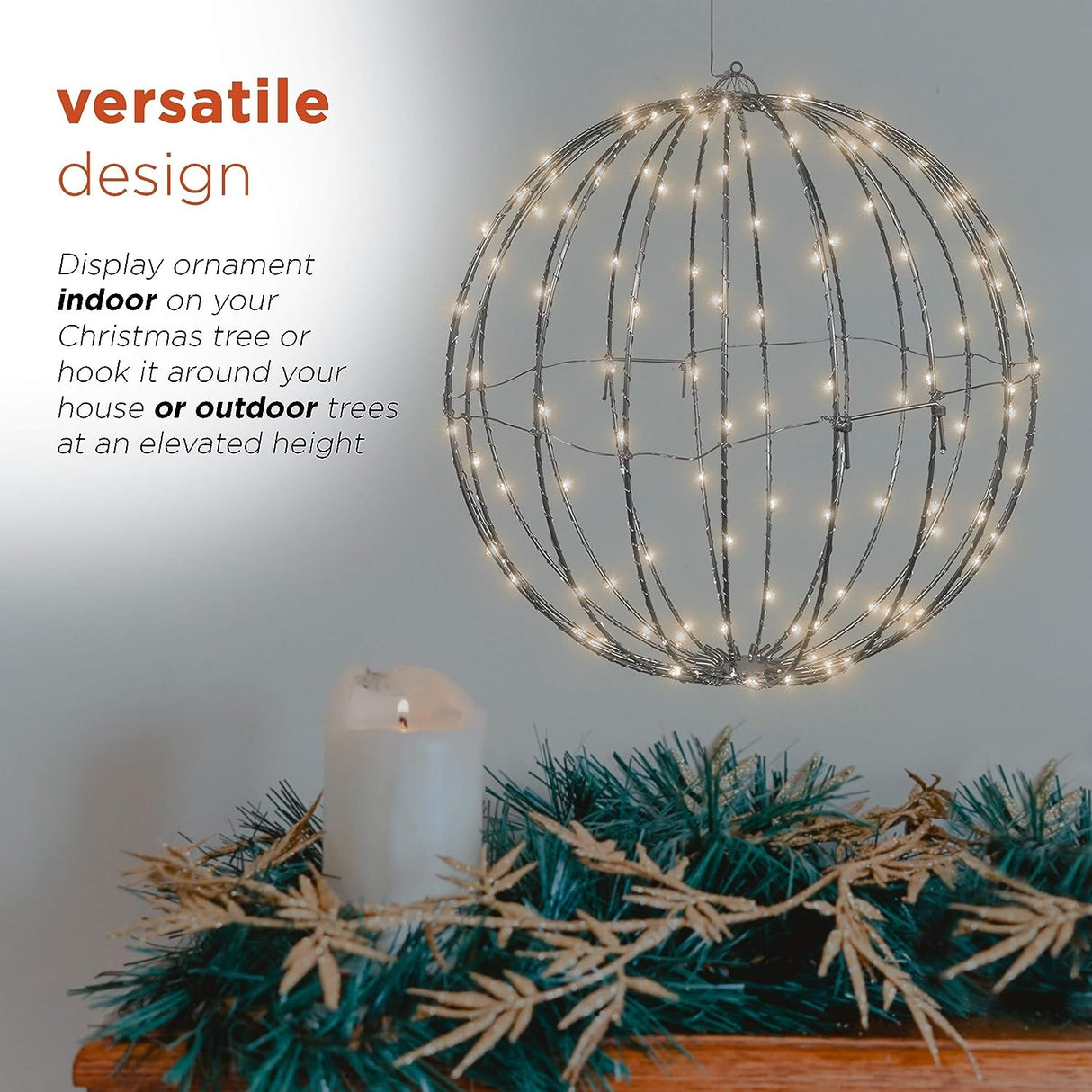 8" Foldable Metal Warm White LED Sphere Hanging Ornament
