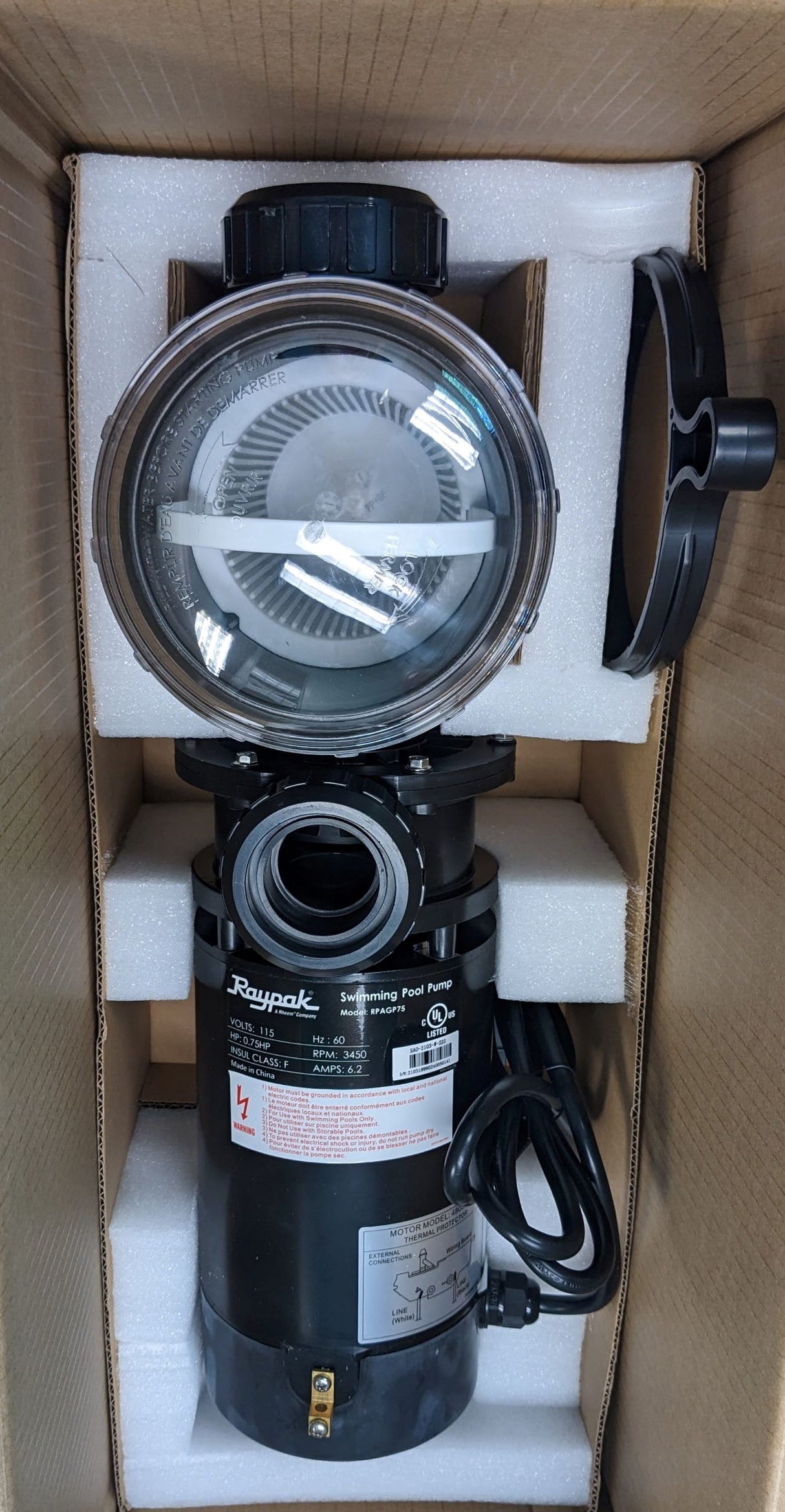 Raypak 3/4 HP Above Ground Pool Constant Speed Pump 110/115V with Twist Lock Cord