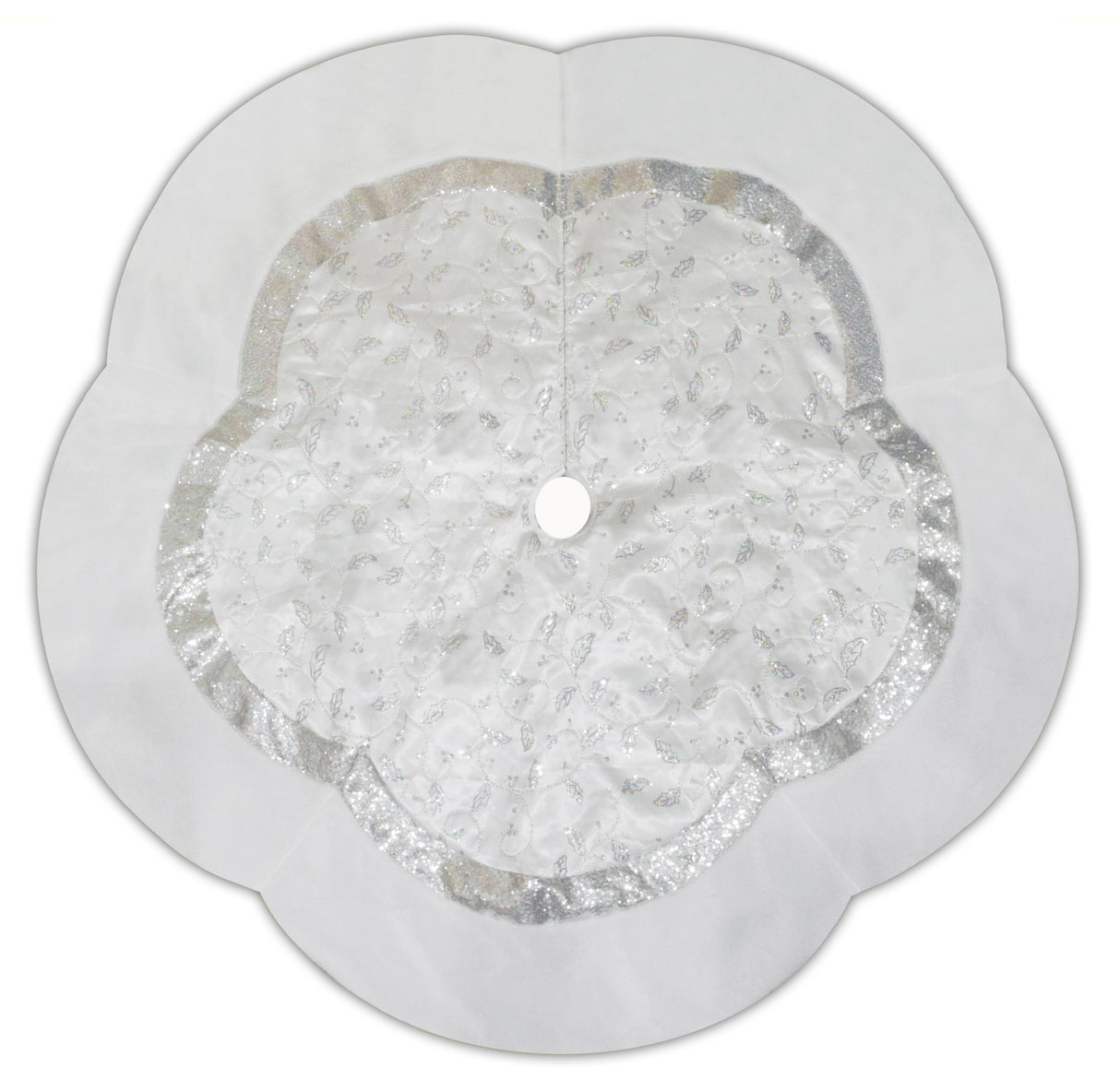 60" Silver Glitter Tree Skirt with White Fur Border
