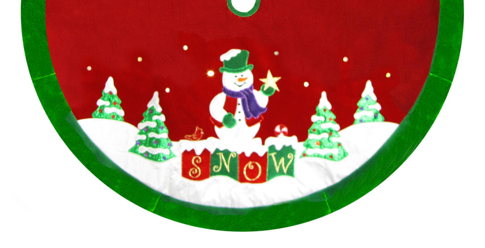 48" Red Velvet Metallic Embroidered Snowman Christmas Tree Skirt with Green Border