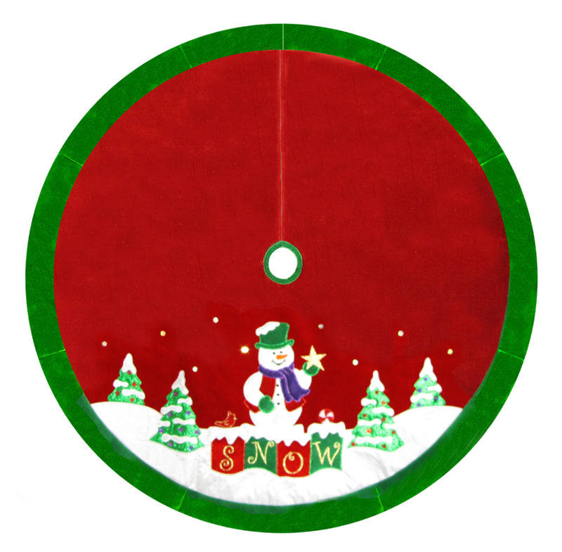 48" Red Velvet Metallic Embroidered Snowman Christmas Tree Skirt with Green Border