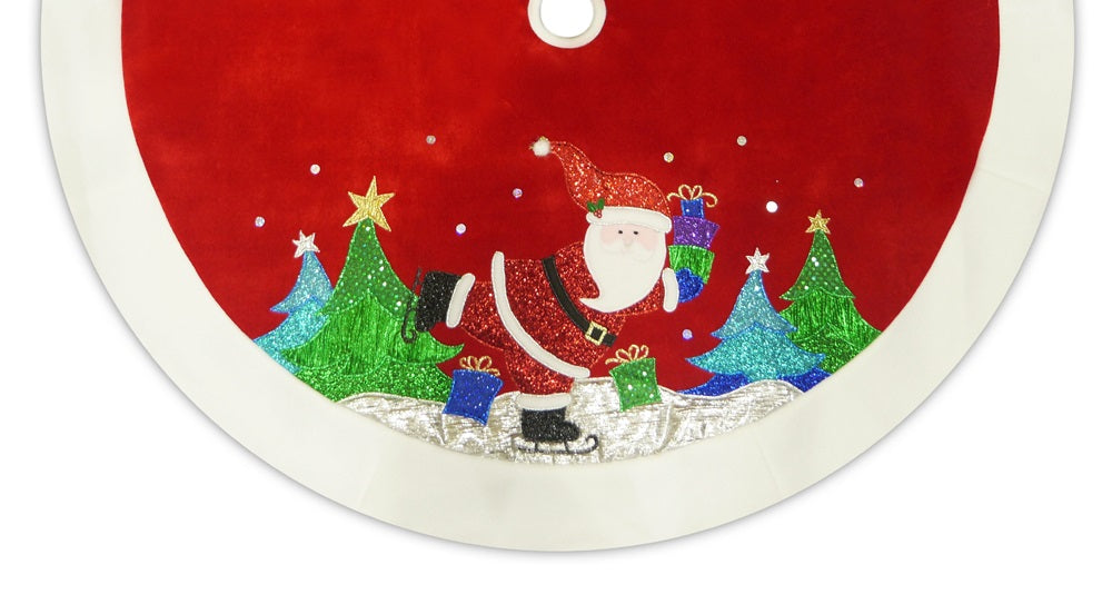 48" Red Velvet Metallic Embroidered Ice Skating Santa Christmas Tree Skirt