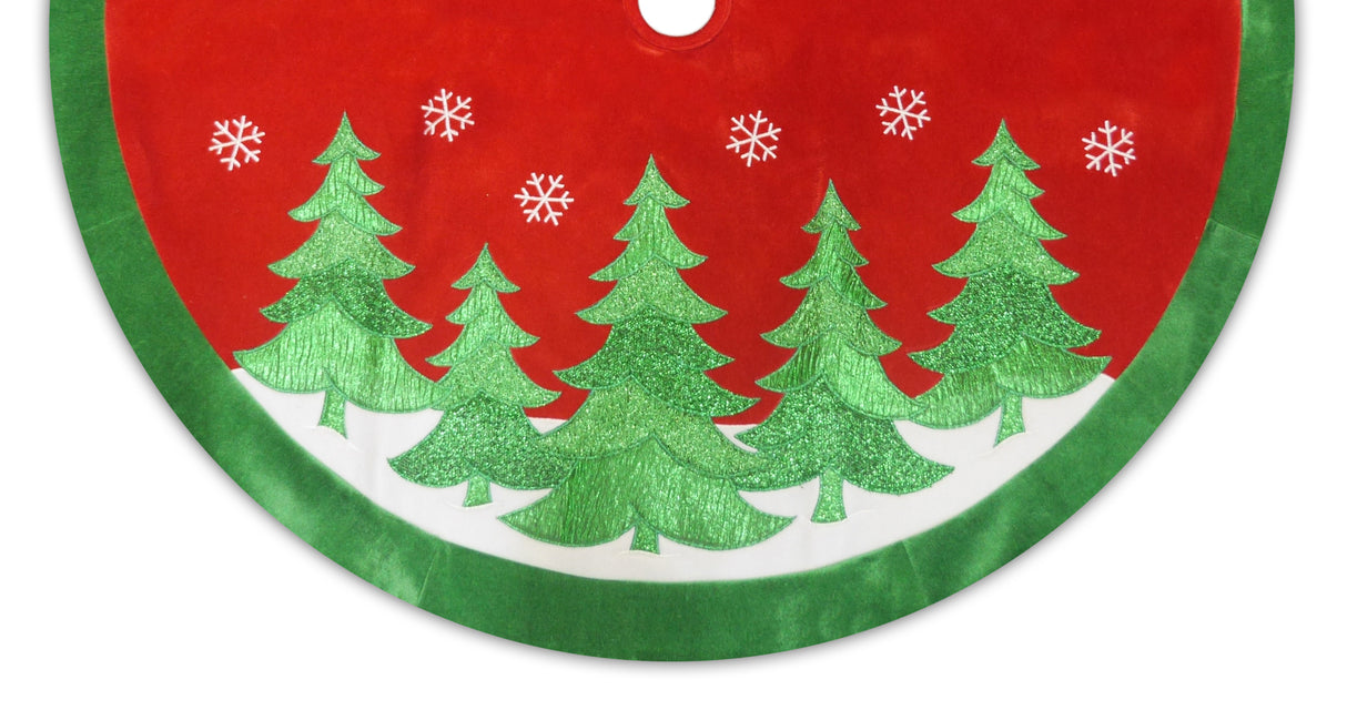 48" Red Velvet Christmas Tree Skirt with Green Appliqued Trees
