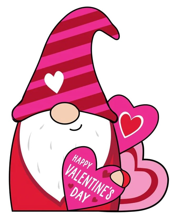 Lighted decoration shaped like a gnome wearing a tall red and pink striped hat. He's holding a heart that reads "HAPPY VALENTINE'S DAY!"