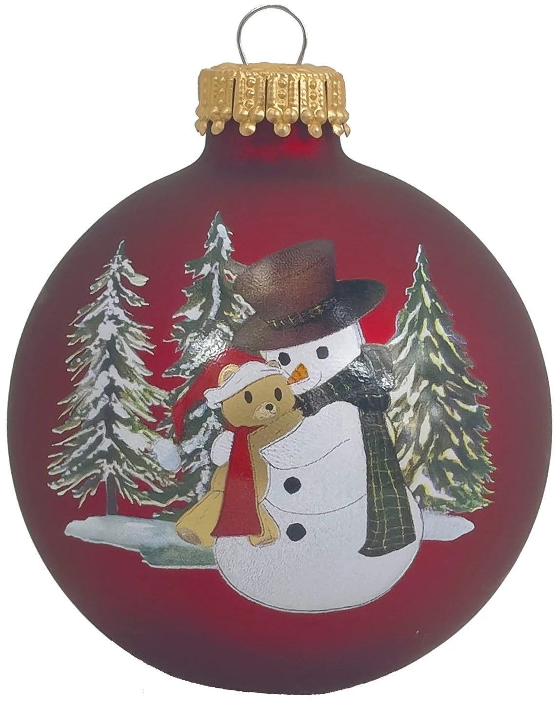 Set of 4 Port Velvet Glass Ball Ornaments with Snowman Hugging Bear