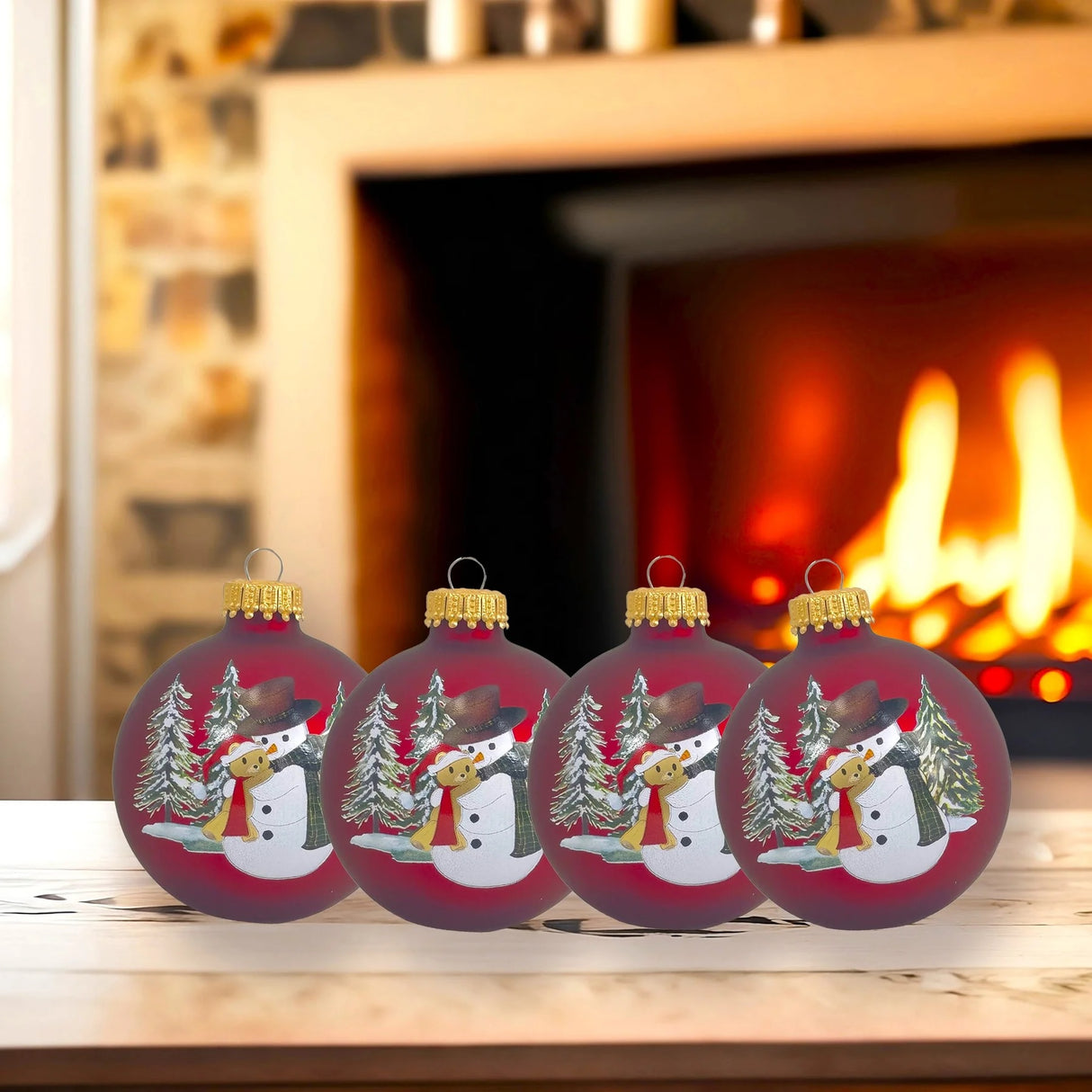Set of 4 Port Velvet Glass Ball Ornaments with Snowman Hugging Bear