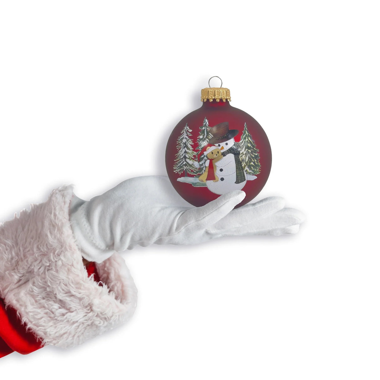 Set of 4 Port Velvet Glass Ball Ornaments with Snowman Hugging Bear