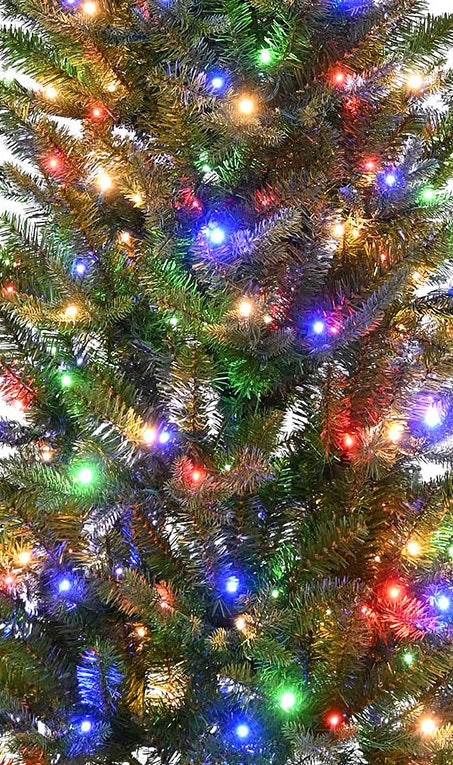 Artificial tree pre-lit with color-changing LED lights.