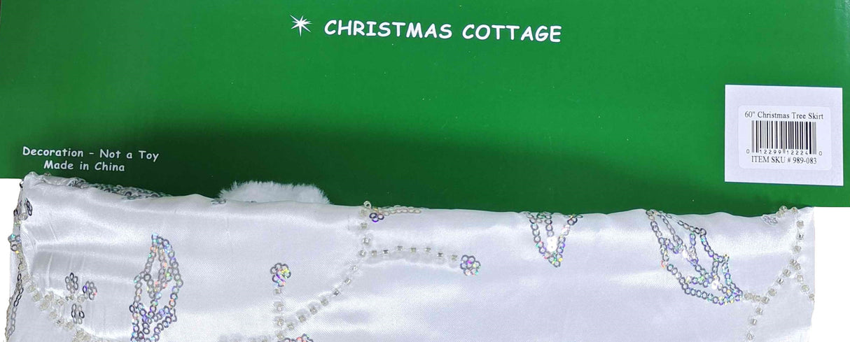 60" Silver Glitter Tree Skirt with White Fur Border