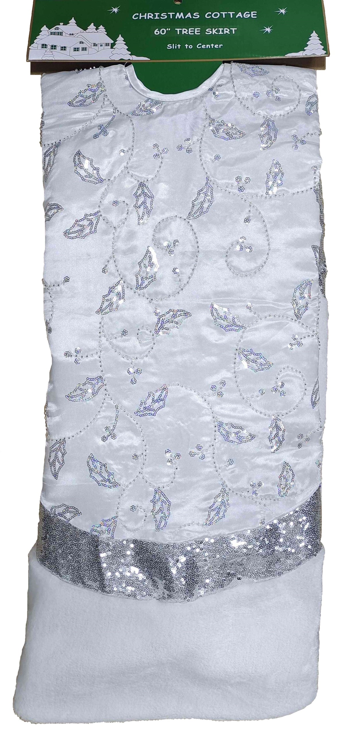 60" Silver Glitter Tree Skirt with White Fur Border